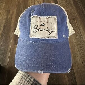 Karma trucker hat Women's ball cap FEELING A LITTLE BEACHY distressed blue cream